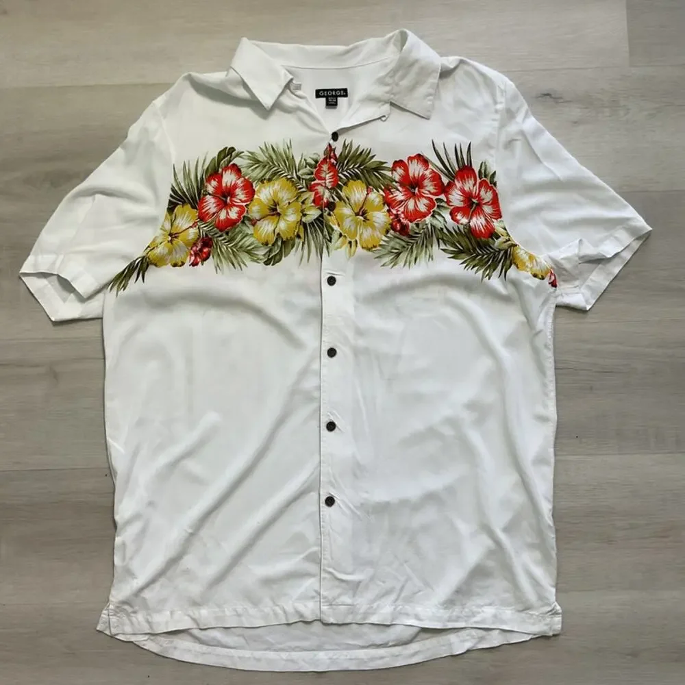 George Mens Floral Hawaiian Button up shirt Big and tall XLT 46 48